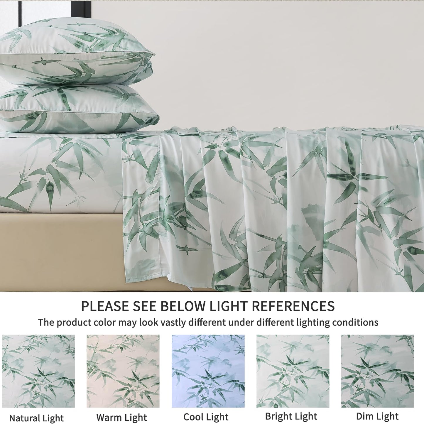 FADFAY Twin Size Sheet Set, 70% Viscose Derived from Bamboo, 30% Cotton 4 Pieces Country Style Green Leaves Print Bedding, Deep Pocket Fitted Sheet