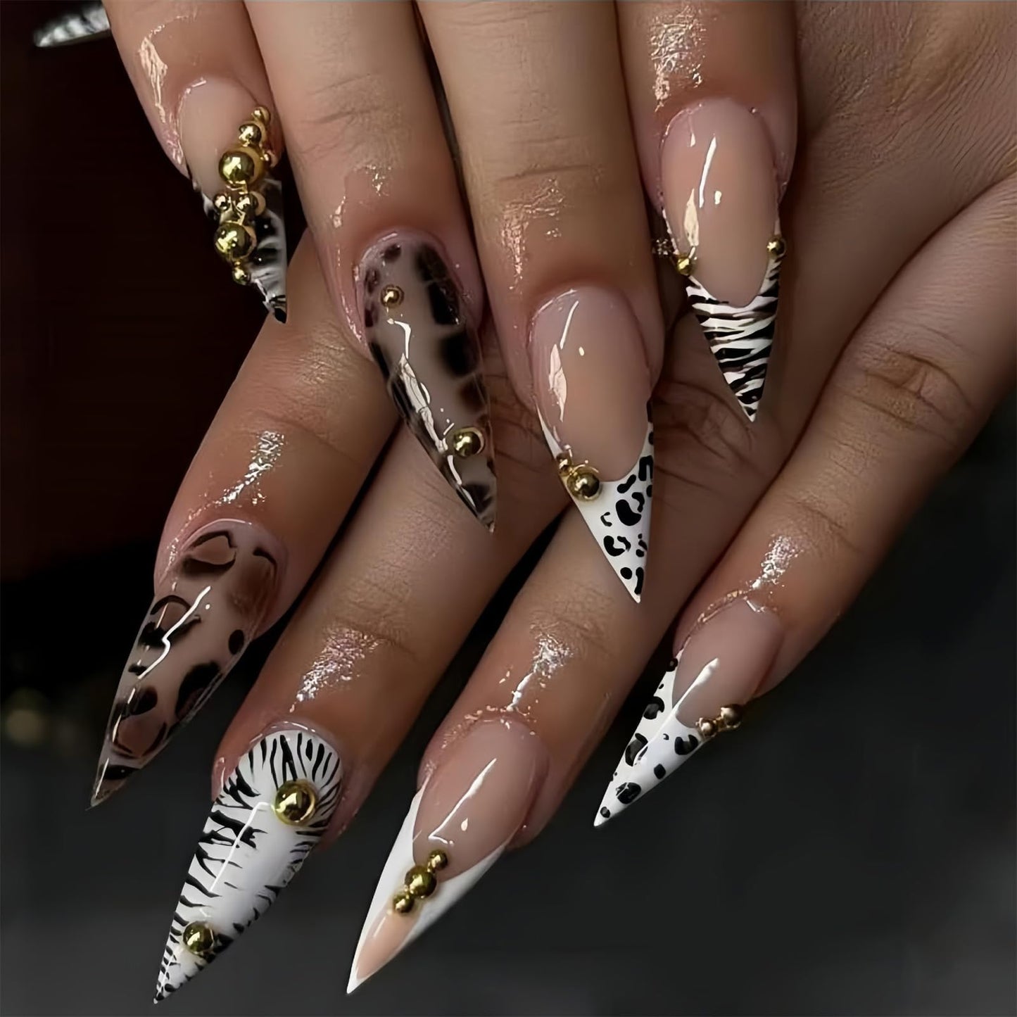SINHOT Stiletto Press on Nails Long - Long Fake Nails, Glossy Finish, Zebra Stripes & Gold Chrome Pearls, DIY Artificial False Nail Art - 24 Pcs Nail Kit with Glue