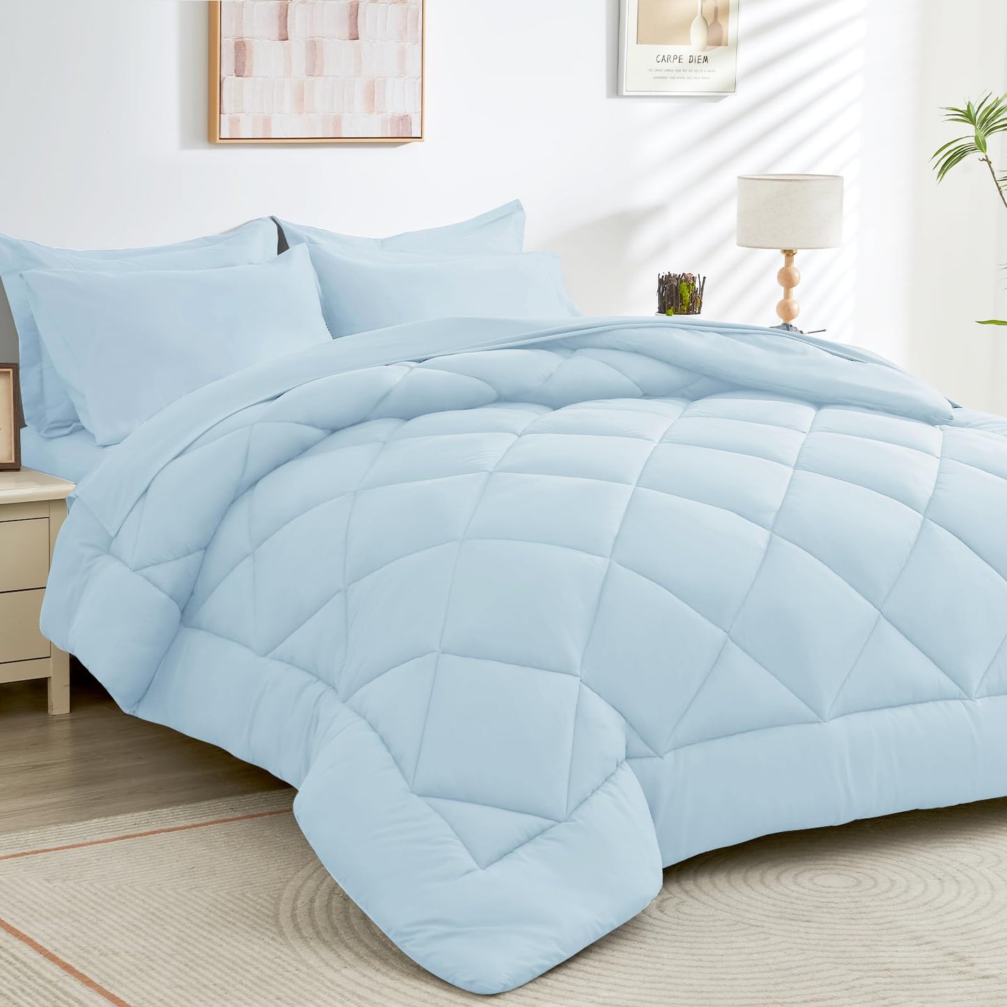 HEVUMYI Queen Comforter Set - 7-Piece All Season Bed in a Bag Queen, Ultra Soft Bedding Set with Comforter, Flat Sheet, Fitted Sheet, Pillowcases, Pillow Shams, Greyish Blue