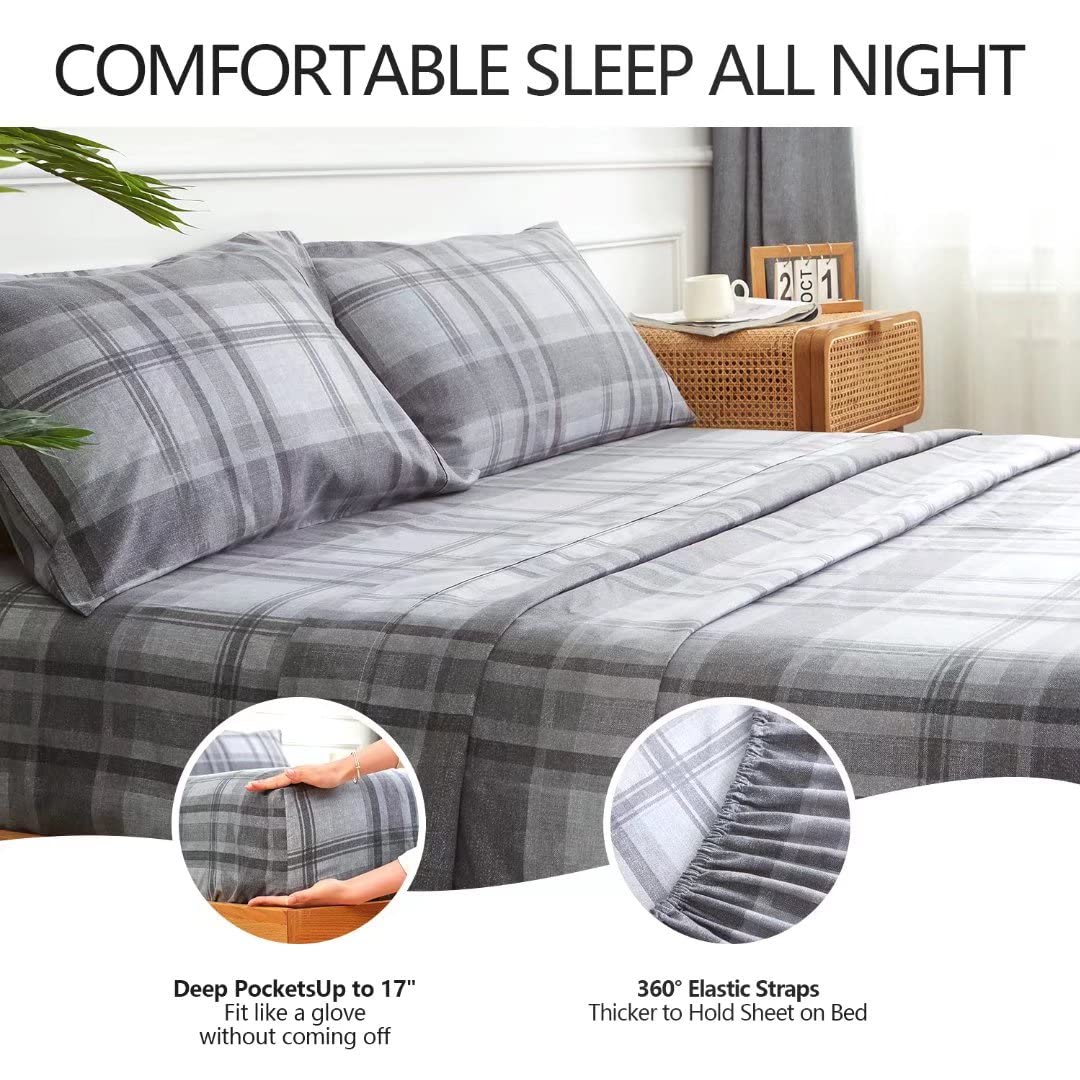KACEMOO California King Size Bed Sheets Set 4PC - Soft Cooling 1800 Thread Microfiber Count Printed Sheet, 8-17 Inch Deep Pocket Breathes Better, Hypoallergenic, Grey Plaid Patterned Double Bedding