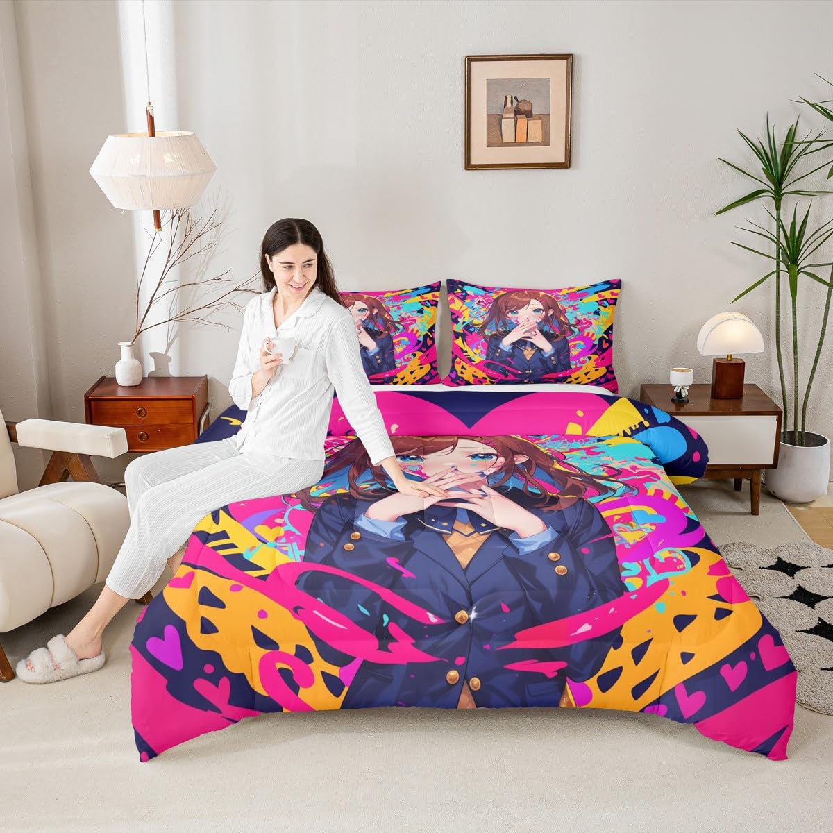 Erosebridal Anime Girl Twin Bedding Set, Japanese Anime Comforter Set 3 Piece for Kids Girls Teens Adult Bedroom Decor, Cartoon Girl Quilt Kawaii Japanese Animation Bedding Comforter Sets