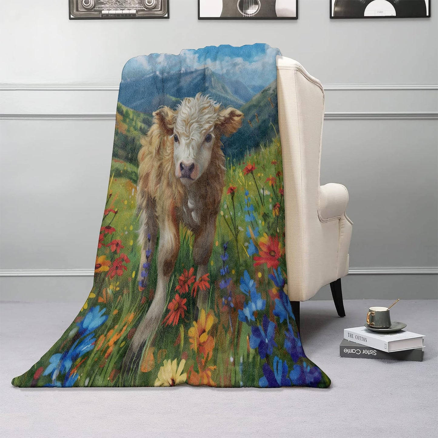 Kibue Cute Highland Cow Blanket Warm & Cozy Flannel Throw Blanket with Flowers - Soft Plush Lightweight Blankets for Travel, Bedroom, Office, Home Decor for Adults Kids Women 60"×50"