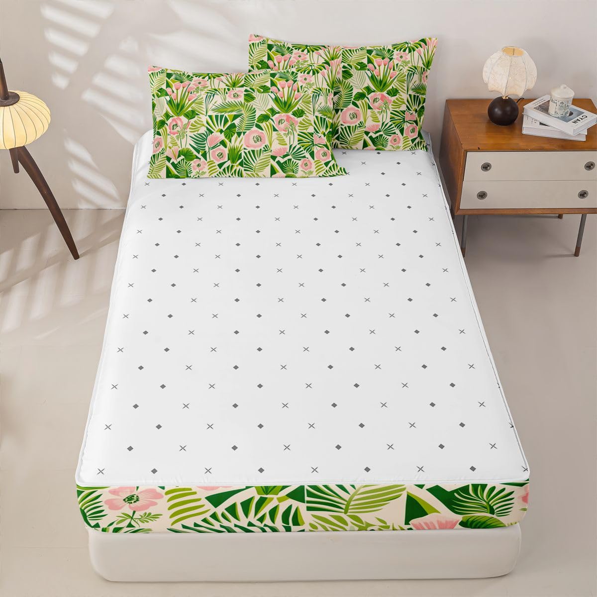 jejeloiu Floral Zipper Bedding Sets for Kids Boys Girls Pink Green Flowers Twin Comforter Set with Fitted Sheet Coloful Botanical Bedroom Decor Cute Microfiber with 2 Pillow Cases