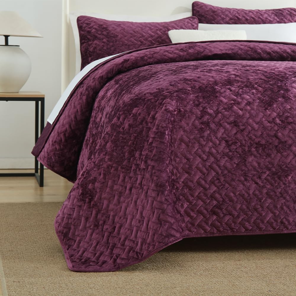 Liians Velvet Bedspread Quilt Bedding Sets,Luxury Elegant Ultra Soft Velvet Comforters Coverlet Blankets,Weave Stitching Pattern Cotton Quilted Bedspread for All Seasons，Purple,King Size