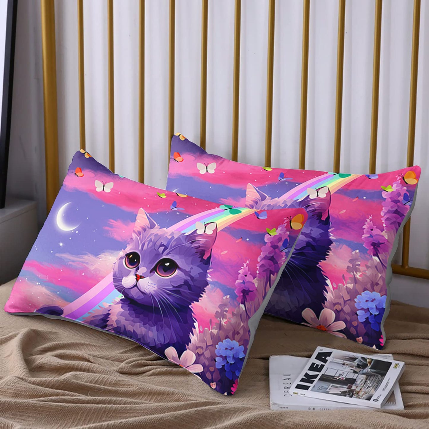 HOSIMA Cat Fitted Sheet Queen Size Rainbow Bedding Set,Kawaii Toddler Sets for Girls Teens Room Decor Aesthetic,Floral Set with 2 Pillowcases, Violet, Queen 60''x80''