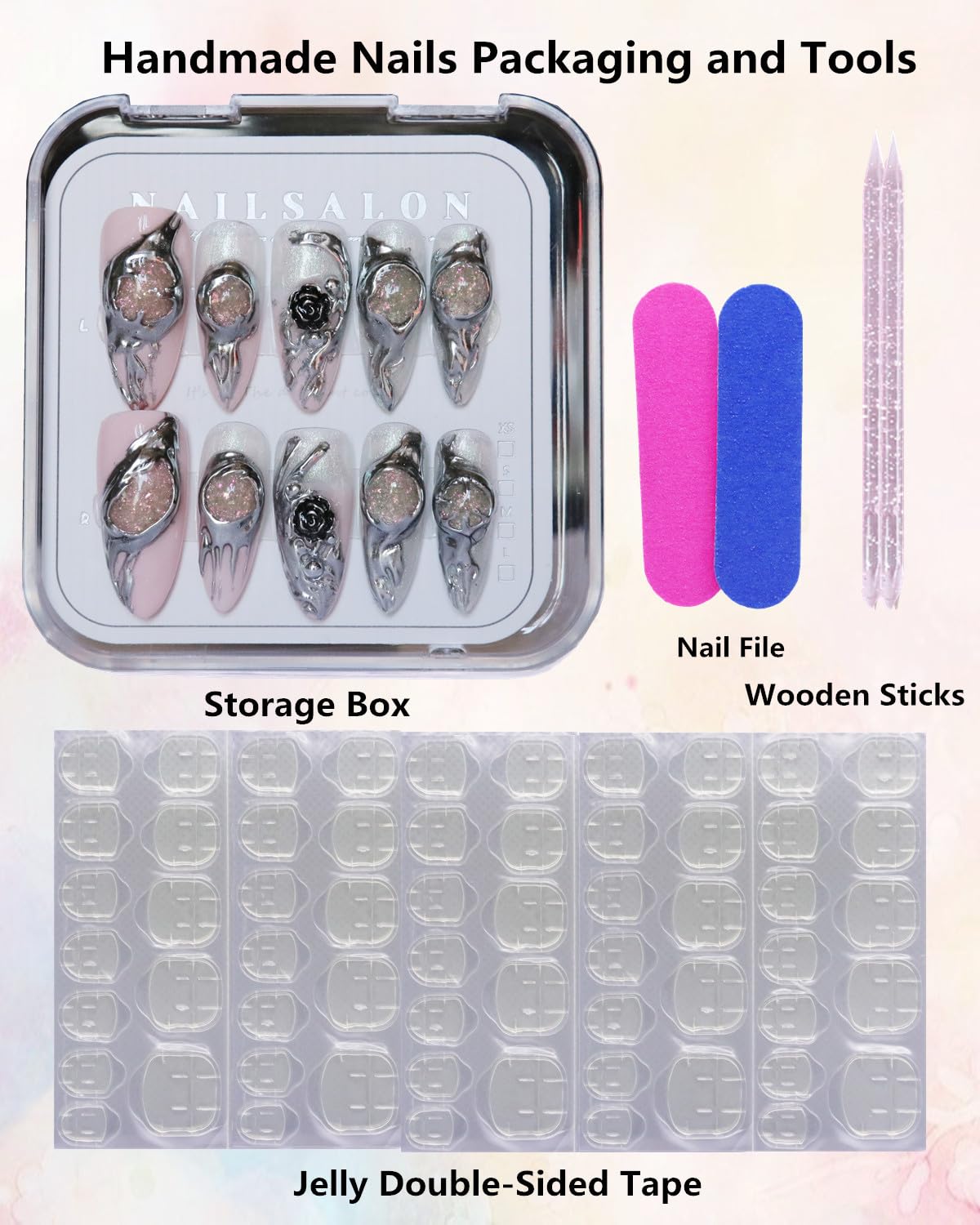 CAMILCY Luxury Handmade Press on Nails Y2K Gothic Press on Nails Almond Shape Handmade Chrome Silver Metallic Fake Nails 3D Black Rose Glitter Pink Acrylic Stick on Nails for Women(A69, M)
