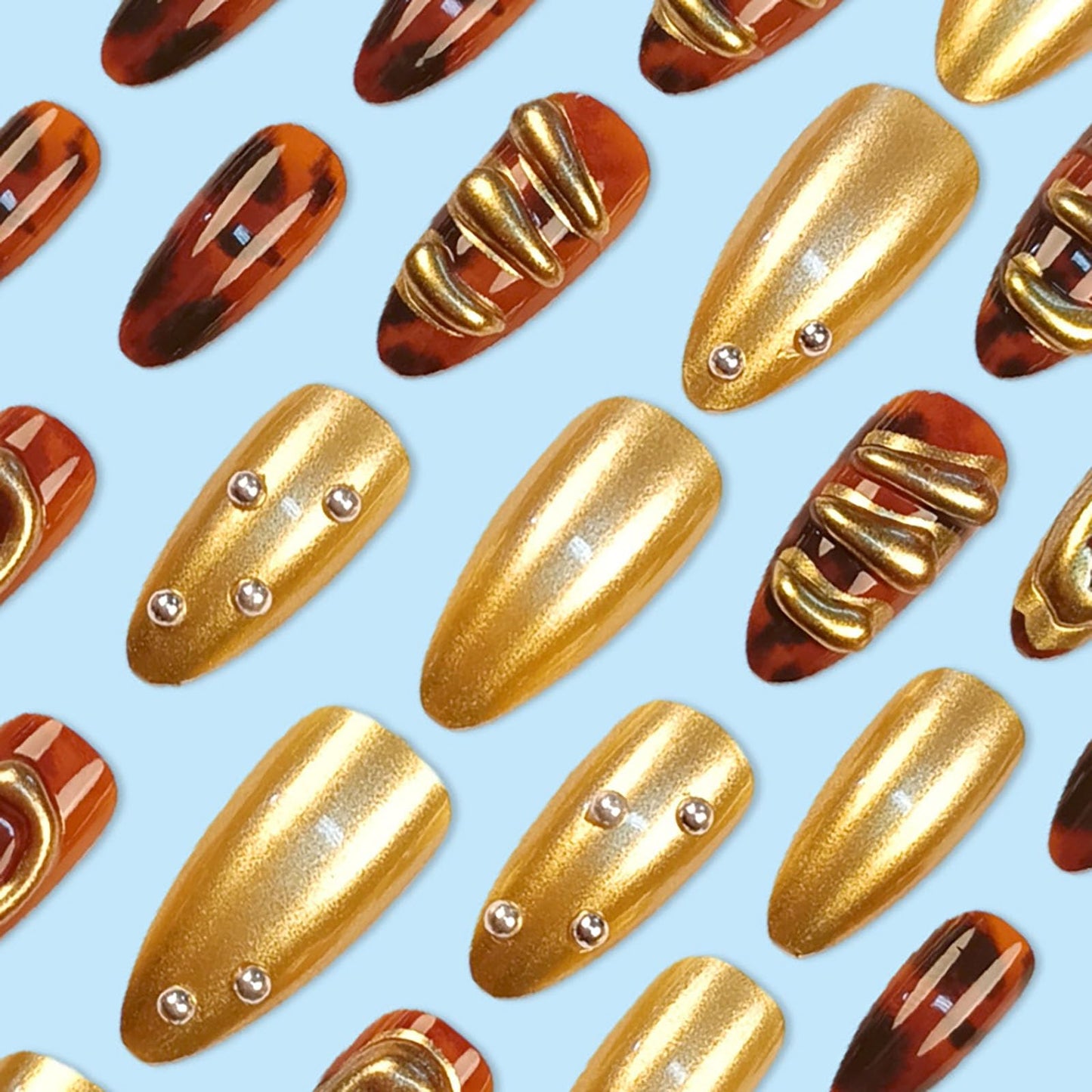 RUOKEXIN Almond Press on Nails Medium Fake Nails Gold False Nails with 3D Designs Spring Summer Nail Press ons Sparkly Artificial Nails for Women 24Pcs