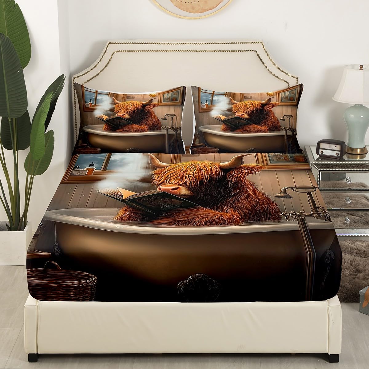 Highland Cow Bedding Sets Full Size,Western Animal Bed Sheets 4Pcs for Kids Girls Boys Adult Bedroom Decor,Funny Bath Theme Fitted Sheet Brown Rustic Cow Pattern Top Flat Sheet,2 Pillowcases