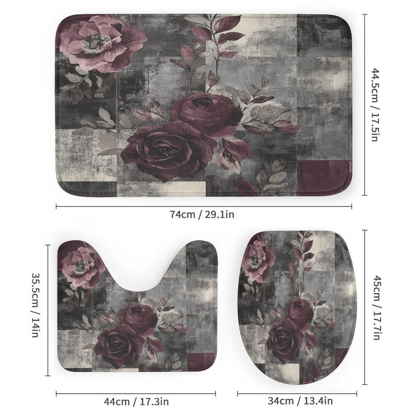 DIPQIMI 4Pcs Red Rose Patchwork Shower Curtain Sets with Rugs, Toilet Lid Cover and Bath Mat, Classic Art Flower Bathroom Shower Curtains Set with 12 Hooks