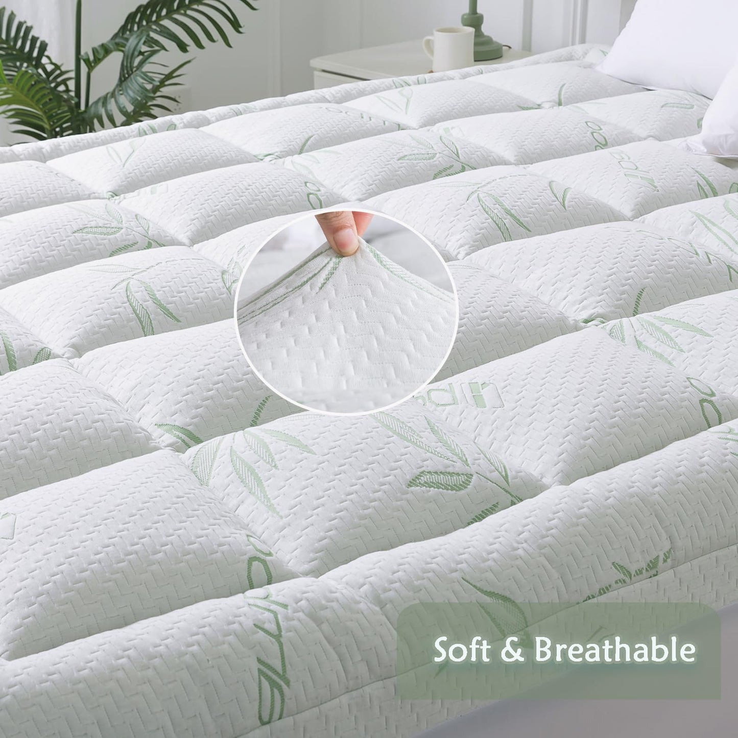WhatsBedding Mattress Topper Queen, Soft Pillow Top Mattress Topper with Deep Pocket Fits 8–21 Inch,7D Spiral Fiber Filling, Bamboo Viscose Air Layer Queen Mattress Topper.