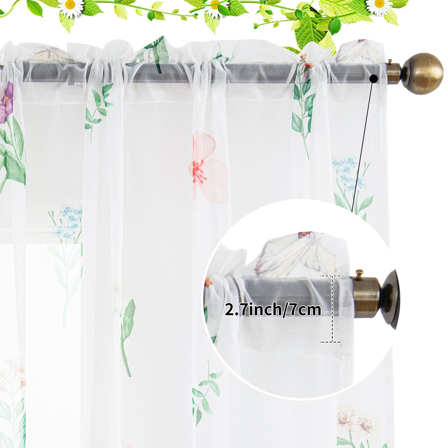 youleyar Floral Sheer Curtains for Living Room 84 Inches Long 2 Panels White Semi-Sheer Curtain with Flower/Leaves Printed Pattern Summer/Spring Rod Pocket Voile Drapes for Bedroom, 52" W x 84" L