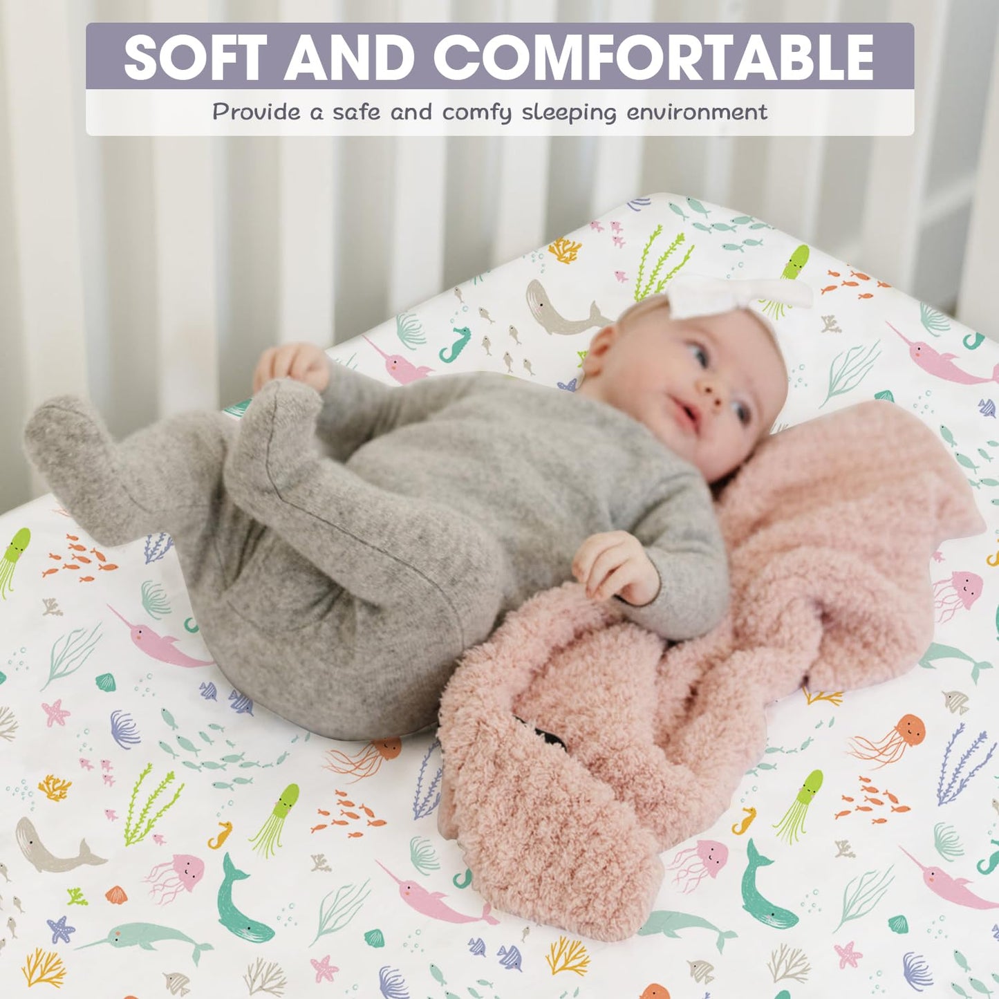 Bimocosy Crib Sheets 4 Pack, Baby Crib Sheets Fitted for Boys and Girls Breathable & Snug Fit, Soft Toddler Bed Sheets for Standard Crib Mattress Nursery Daycare Essentials, Ocean World