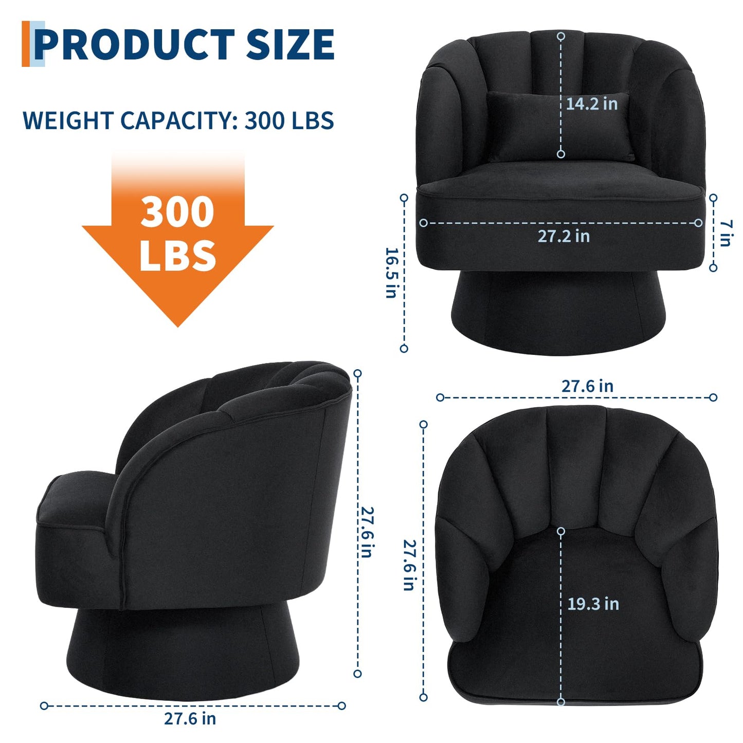 Garvee Ultra-Plush Swivel Accent Chair, 360° Barrel Lounge Chair with Cloud-Like Padding & Modern Striped Backrest, Velvet Upholstered Round Armchair for Living, Bedroom Reading Nook - Black