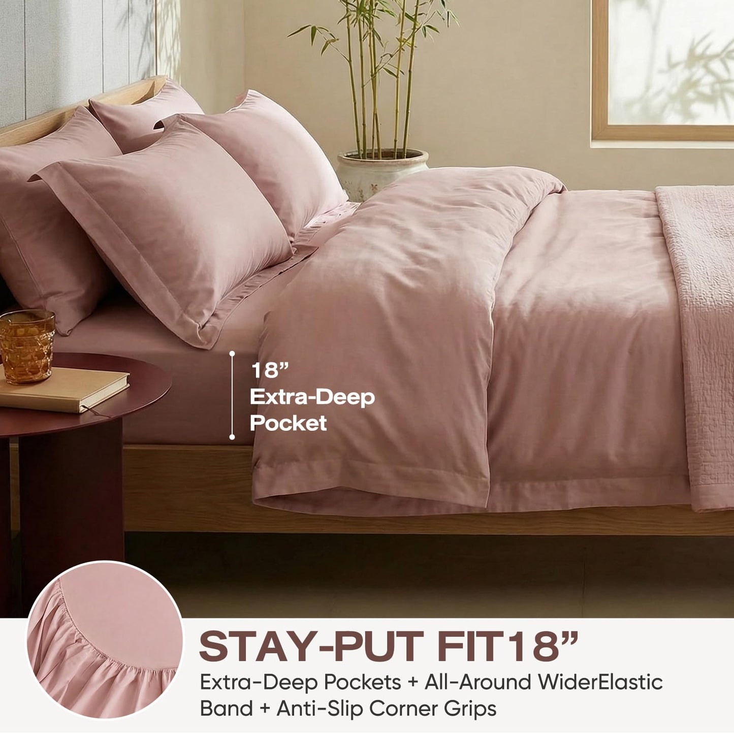 TWK Real 100% Viscose Derived from Bamboo Sheets Set King Size, Cooling & Silky Soft for Hot Sleeper, Luxury with Breathable & Moisture Wicking Fabric, 18" Deep Pocket with Corner Straps (Sand, King)