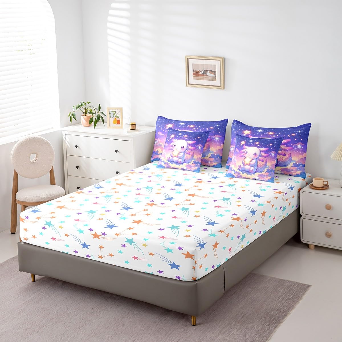 Feelyou Kids Cute Axolotl Bed in A Bag Twin Size, Galaxy 7 Pieces Bedding Set Boys Girls Cartoon Salamander Comforter Set with Sheets Kawaii Animal Teens Bed Set Bedroom Decor 7Pcs