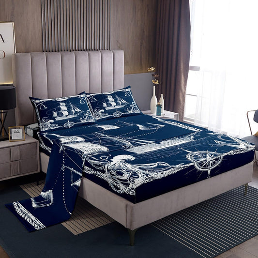 Ocean Retro Sailboat Bed Sheets Octopus Tentacles Ship Anchor Sheet Set Full Size Kids Child, Nautical Theme Sketch Fitted Sheet, Hand Drawn Compass Marine Life Bedroom Decor Vintage Style