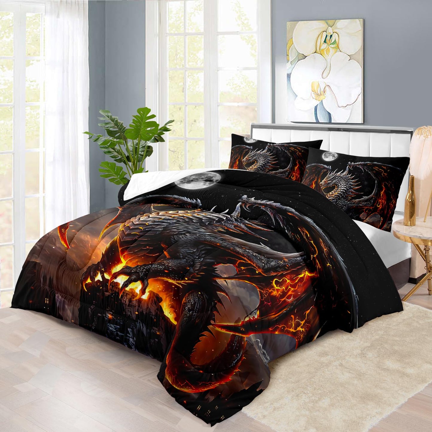 llyxsesty Black Dragon Comforter Set King Adult,Flame Dragon Bedding Set for Boys,Magical Beast Bedding Fantasy Animal Comforter Beedroom Decor,Magical Beast Quilt Bed Decor