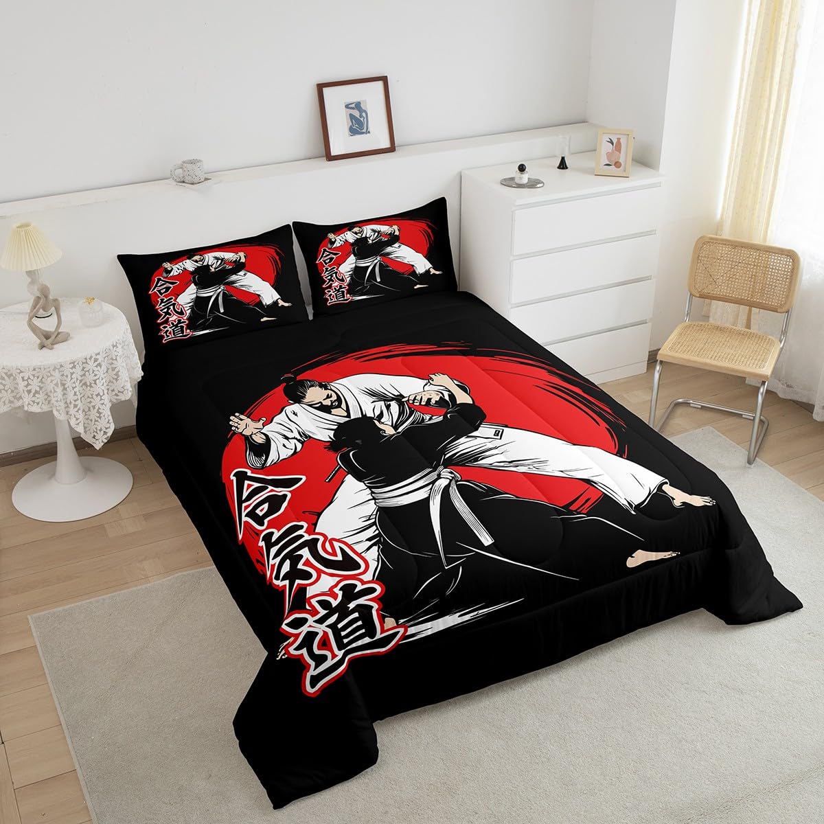 Erosebridal Japanese Comforter Set Samurai Bedding Set Karate Down Comforter for Kids Boys Japanese Culture Sunset Duvet Insert with 1 Comforter and 1 Pillow Case Twin Size Black Soft