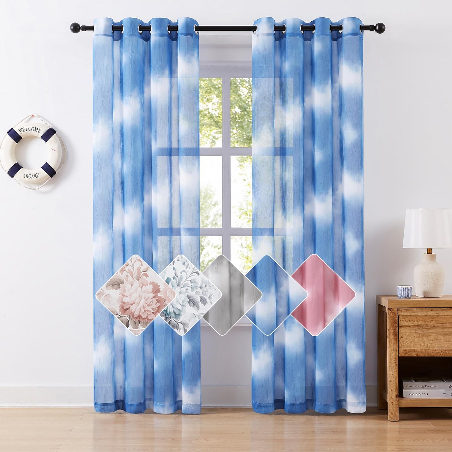 Pudmangtex Blue Sheer Curtains 84 Inches Long for Living Room 2 Panels, Ombre Semi Sheer Curtains with Sliver Grommet Top, Voile Light Filtering Curtain Bedroom, 52" W x 84" L