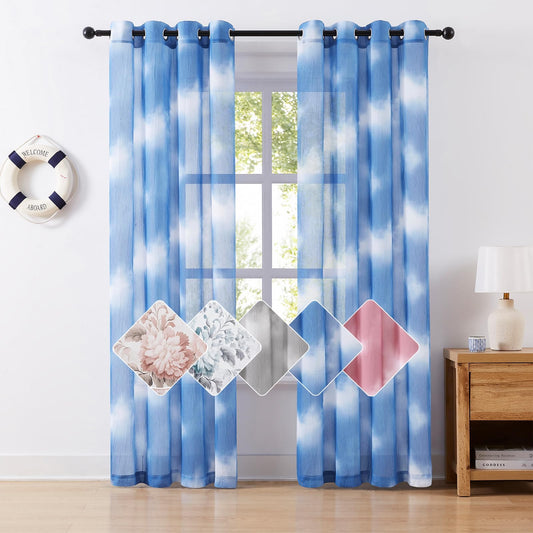 Pudmangtex Blue Sheer Curtains 84 Inches Long for Living Room 2 Panels, Ombre Semi Sheer Curtains with Sliver Grommet Top, Voile Light Filtering Curtain Bedroom, 52" W x 84" L