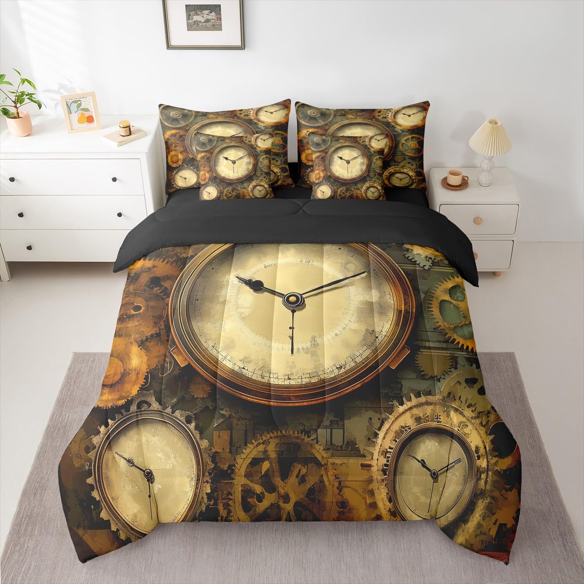 Erosebridal Ndustrial Gear 7 Pcs Bedding Set Queen Steampunk Style Comforter Set with Sheets Clocks Theme Bed in A Bag Mechanical Device Retro Brown Bedroom Decor
