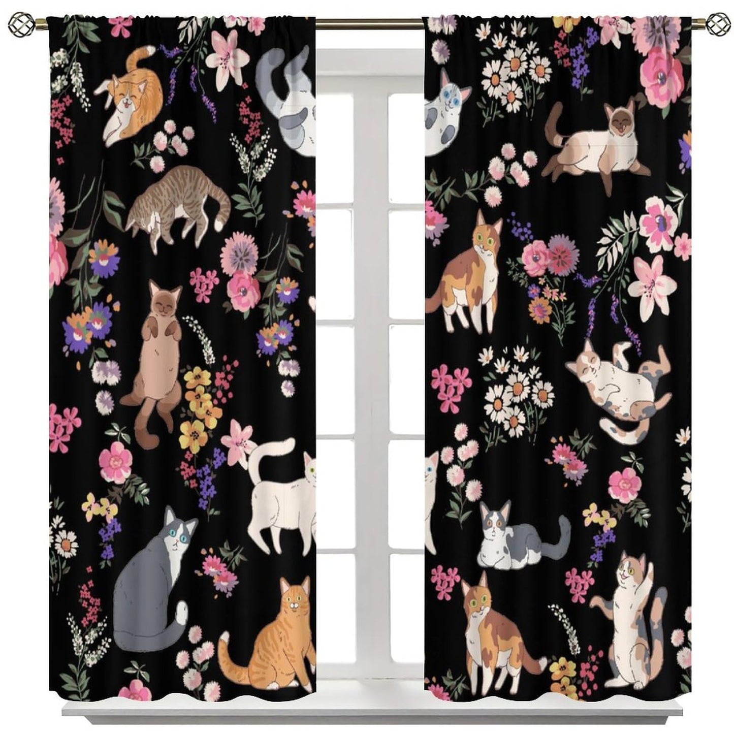 Hazuff Cartoon Cat Girls Curtains,Natural Simple Watercolor Cute Pet Cat Animal Flower Windows Treatments Rod Pocket Drapes for Kids Living Room Bedroom Bathroom 42x44.5in