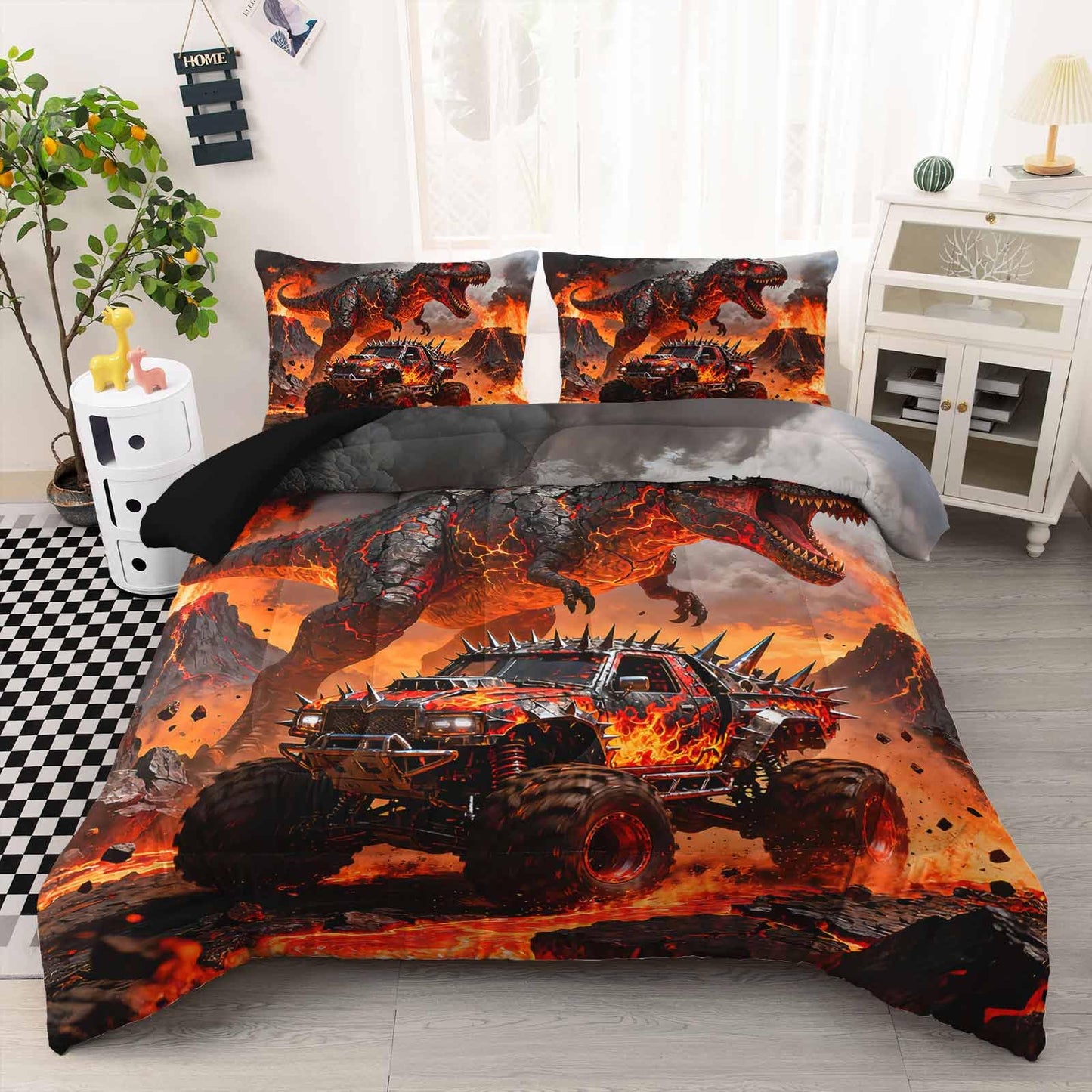 AILONEN Dino Monster Truck Comforter Set Twin 3 Piece - Black Volcano Flame Bedding for Kids Boys - Soft Microfiber with 2 Pillowcases