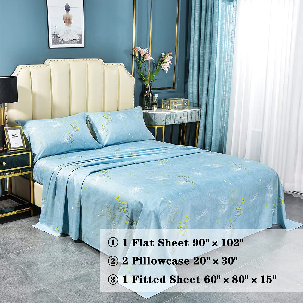 JSD Dandelion Floral Print Sheet Set Queen, 4 Piece Soft Botanical Microfiber Sheets Deep Pocket