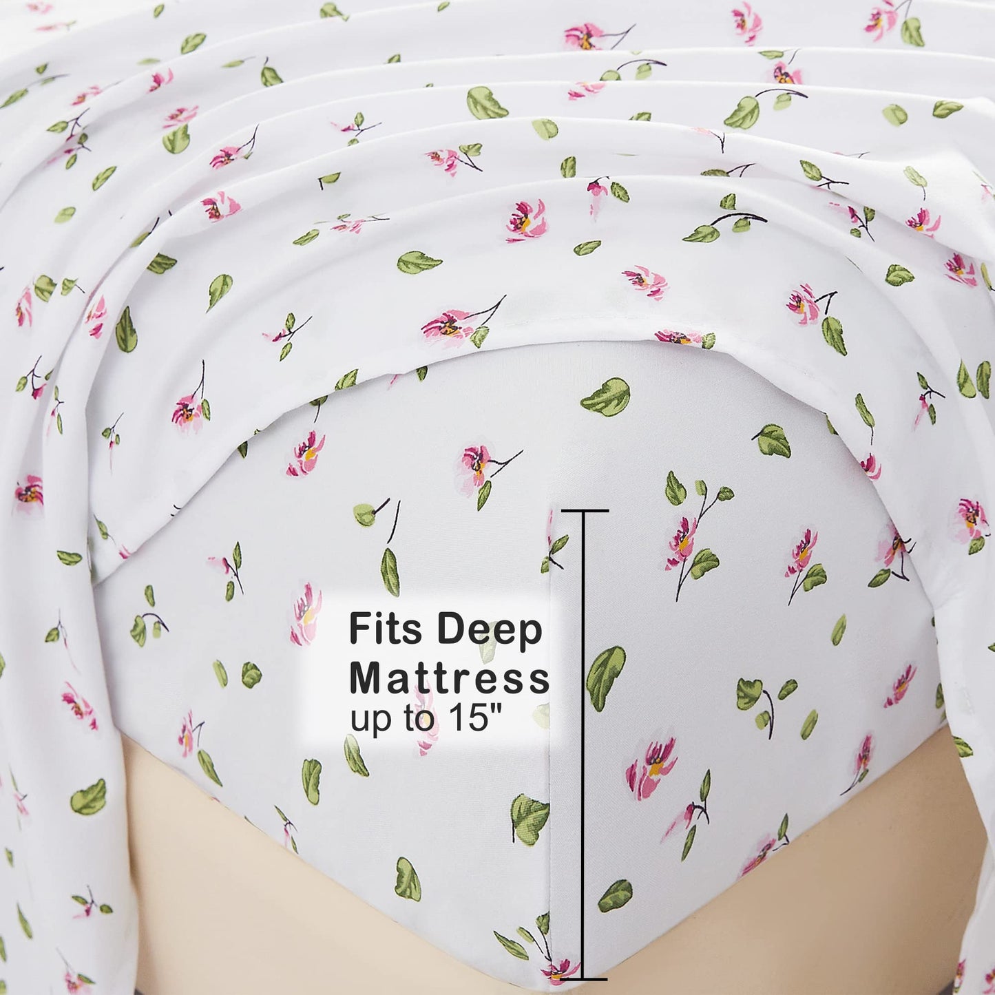Mooreeke Full Sheets Set - 4 Pieces Soft Breathable Microfiber Bed Sheet Set - Pink Flower Green Leaf Pattern Sheet Set - Deep Pocket Non-Slip Floral Printed Fitted Sheet Included for All Season