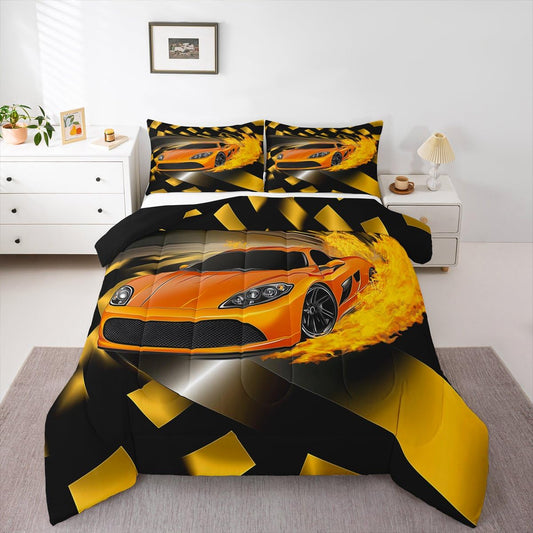 Erosebridal Boys Race Car Comforter Set, Cool Speed Sports Car Bedding Set Twin Size for Kids Teens Adult Men, Extreme Sport Quilted Duvet Automobile Checkered Duvet Sets for Bedroom