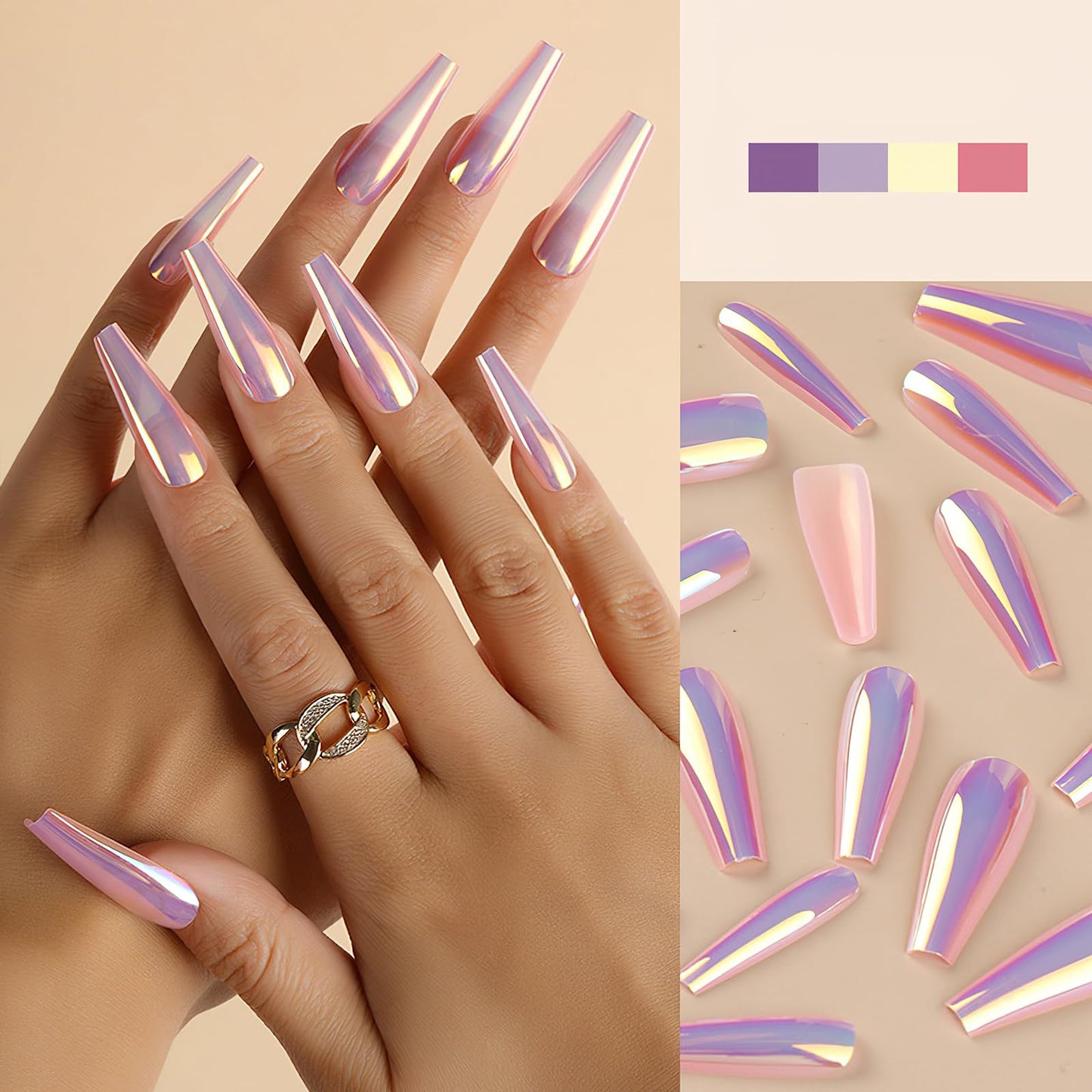 Chrome Press On Nails - Long Square, Ballerina Mirror, Coffin, Holographic, Metallic, Laser Acrylic, 3D Nail Art