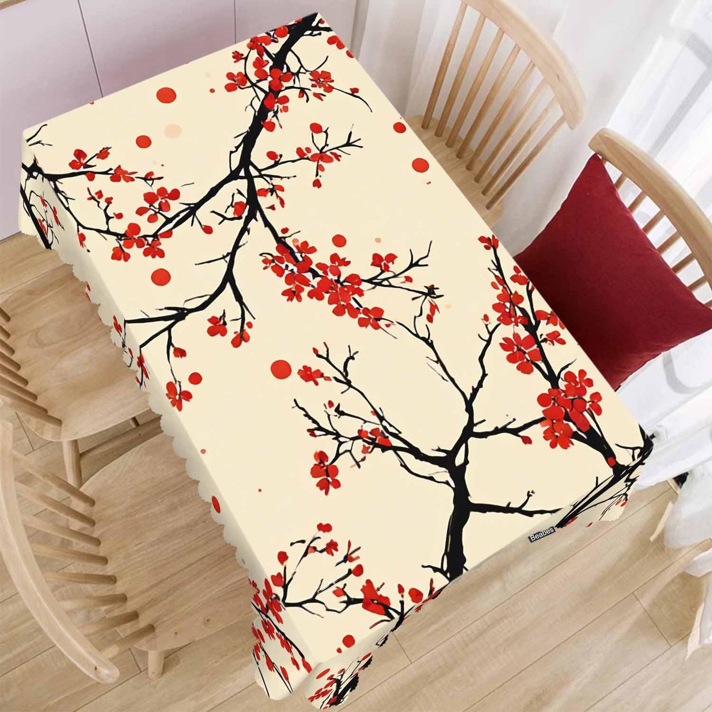 Beabes Cherry Kitchen Tablecloth Japanese Cherry Branch Red Indoor Outdoor Table Cover Anti-Oil Table Cloths for Wedding Banquet Dinner Tablecloths, 52x70 Inch(4-6 Seats)