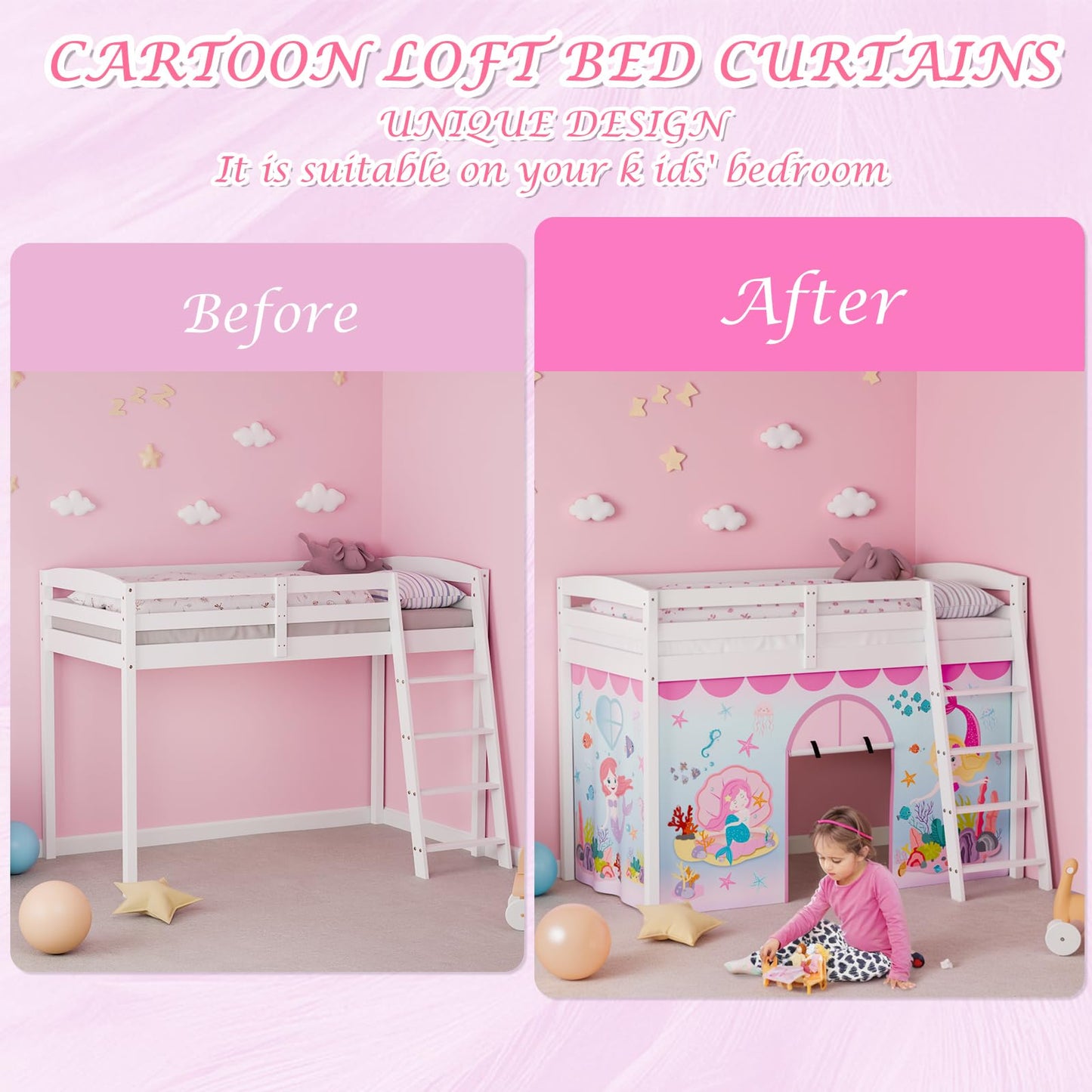 YRDKB Mermaid Bunk Bed - Curtains Premium and Customizable Cartoon Loft Bed Curtains for Children to Enhance The Imaginative Creation Bedroom Curtains(3PCS,Twins)