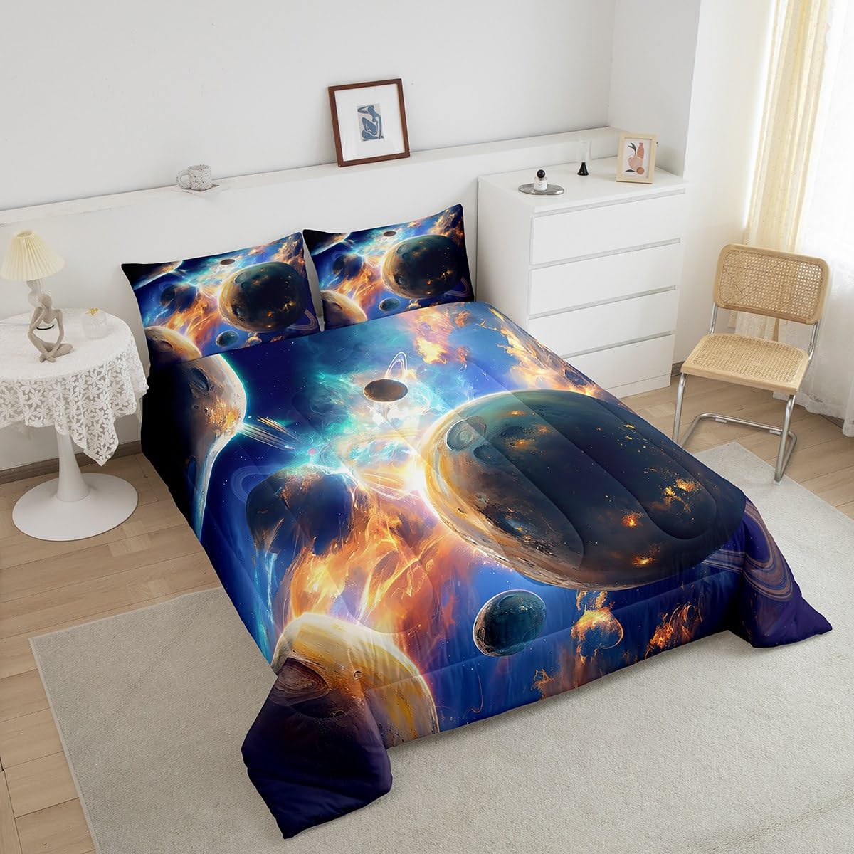 jejeloiu Solar System Bedding Set Full Size Kids Outer Space Comforter for Boys Girls Universe Planets Comforter Set Galaxy Duvet Set Room Decorations Quilt Set