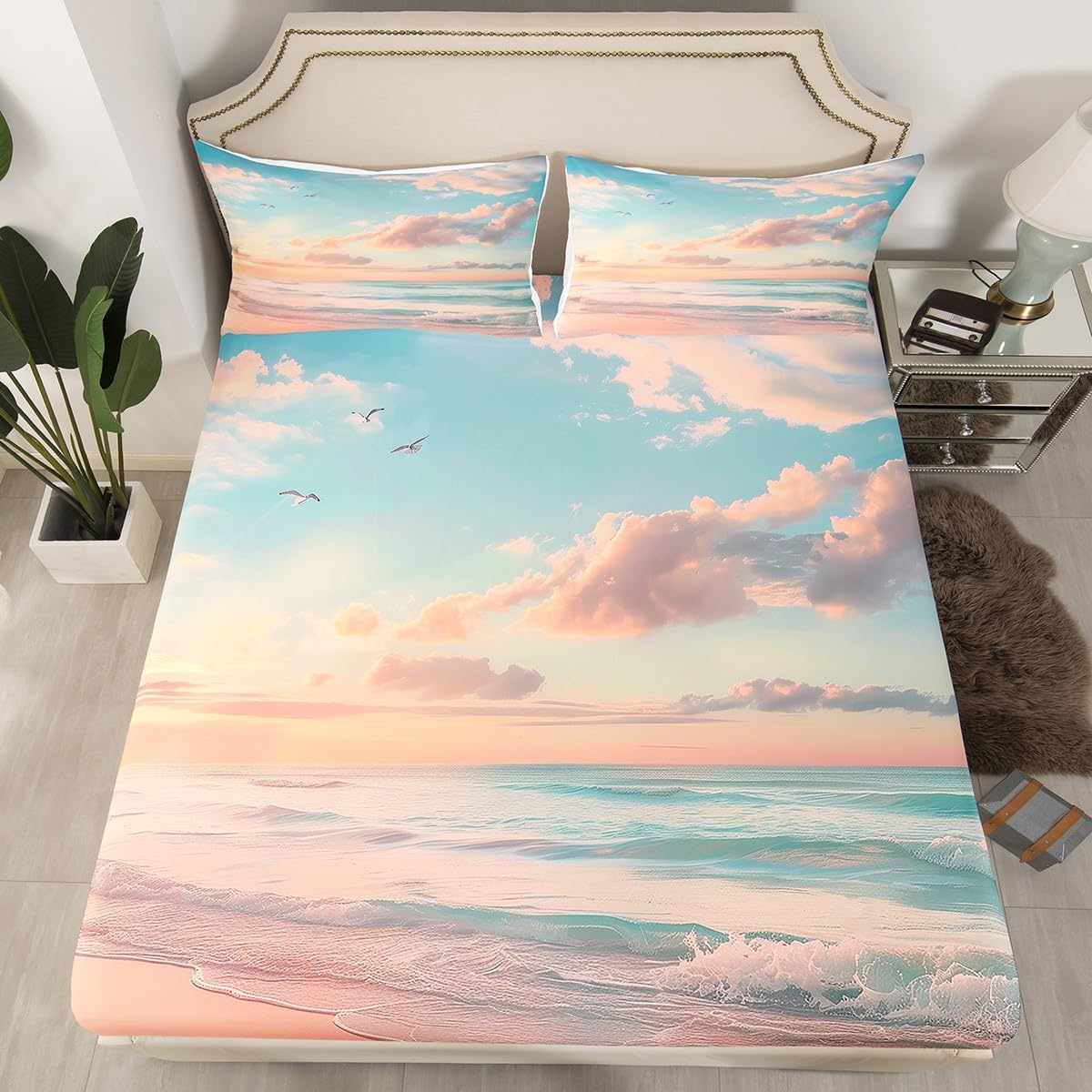 jejeloiu Beach Theme Fitted Sheet Full Size Kids Summer Ocean Wave Bed Sheets Set for Boys Girls Teens Sea Marine Coastal Natural Scenery Bedding Set Room Decor