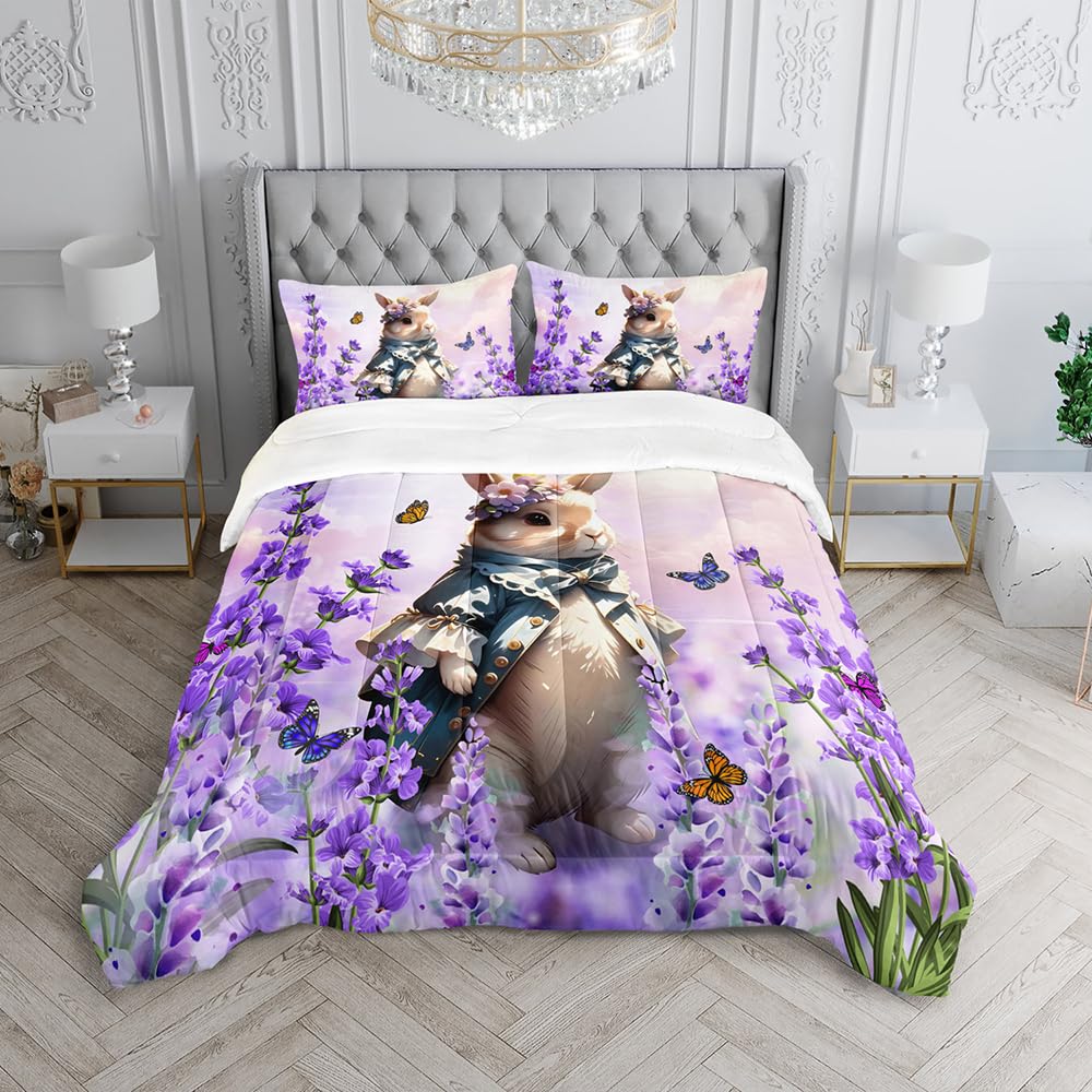 XYNHML Lavender Rabbit Comforter Twin Kids Rabbit Bedding Set Cute Bunny Quilt Bed Set Bedroom Decor Includes 1 Comforter, 2 Pillowcases for Girls Boys Teens