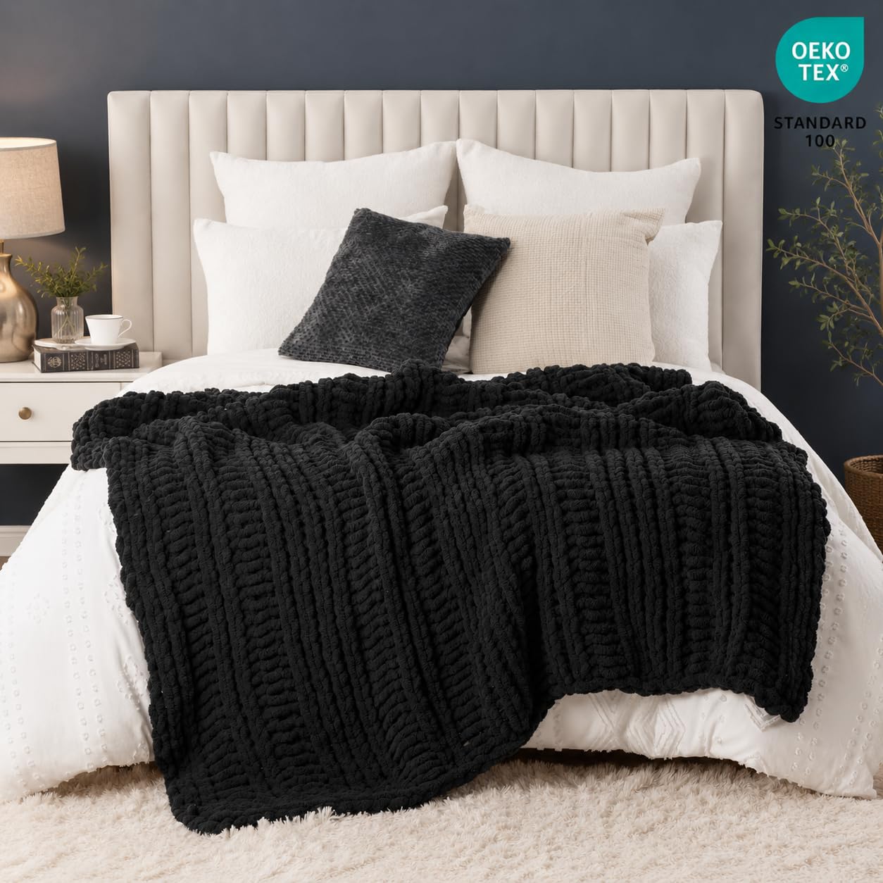 Battilo Chunky Knit Throw Blanket for Couch, Hand Made Chenille Throw Blanket, Super Soft Warm Cozy Charcoal Blanket for Bed, Sofa, Living Room, 50"x60"