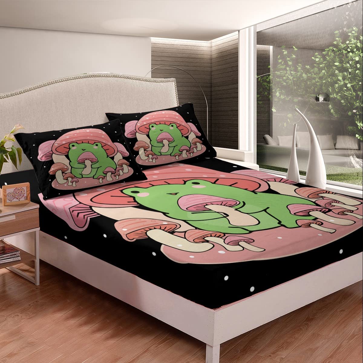 Feelyou Cartoon Mushroom Frog Bedding Fitted Sheet Cute Frog Bed Sheet Set for Kids Boys Girls Natural Wild Fungus Bedding Sheets Pink Mushroom Bed Cover 1 Bed Sheet Set with 2 Pillowcases Full Size