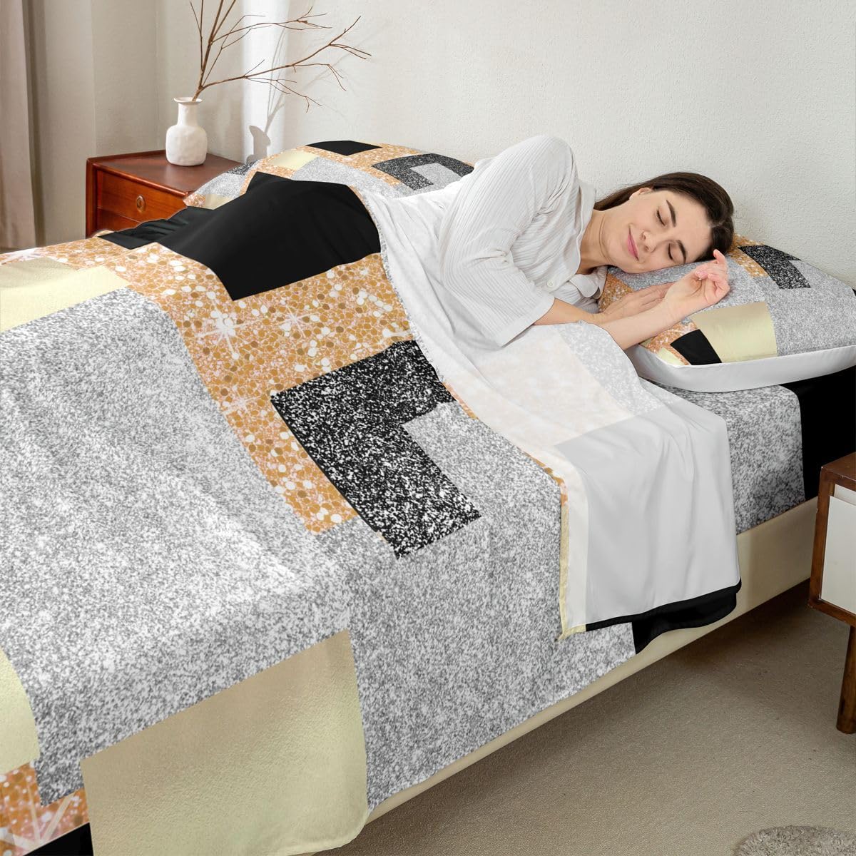 Feelyou Modern Abstract Bed Sheets Set Queen Size Geometric Aesthetic Bed Set Yellow Glitter Deep Pocket Fitted Sheet Breathable Soft Lightweight Microfiber