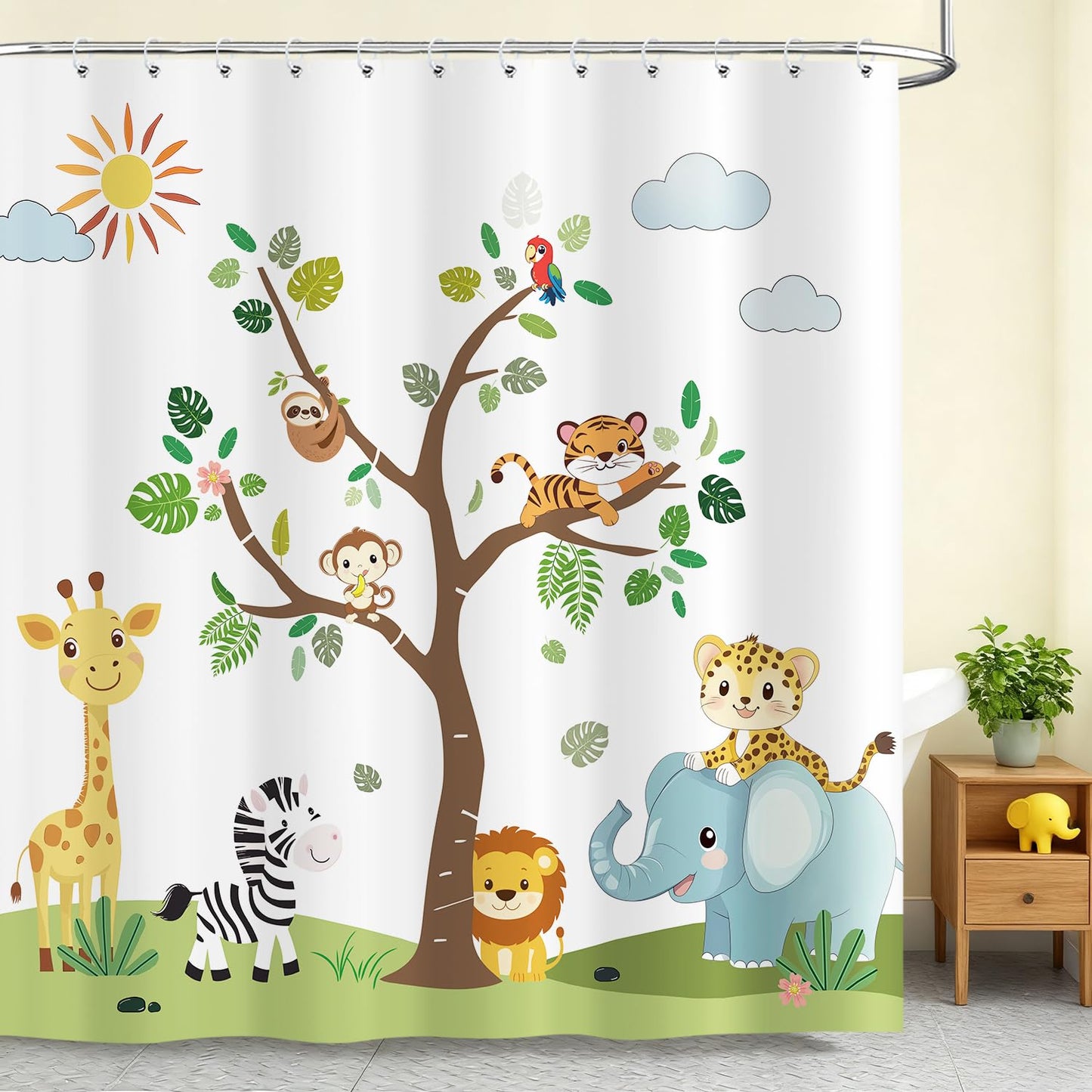 Jungle Animal Kids Shower Curtain, Elephant Lion Giraffe Woodland Safari Shower Curtain Set, Funny Cartoon Animals Educational Fabric Shower Curtain for Bathroom with 12PCS Hooks 72X72IN Green