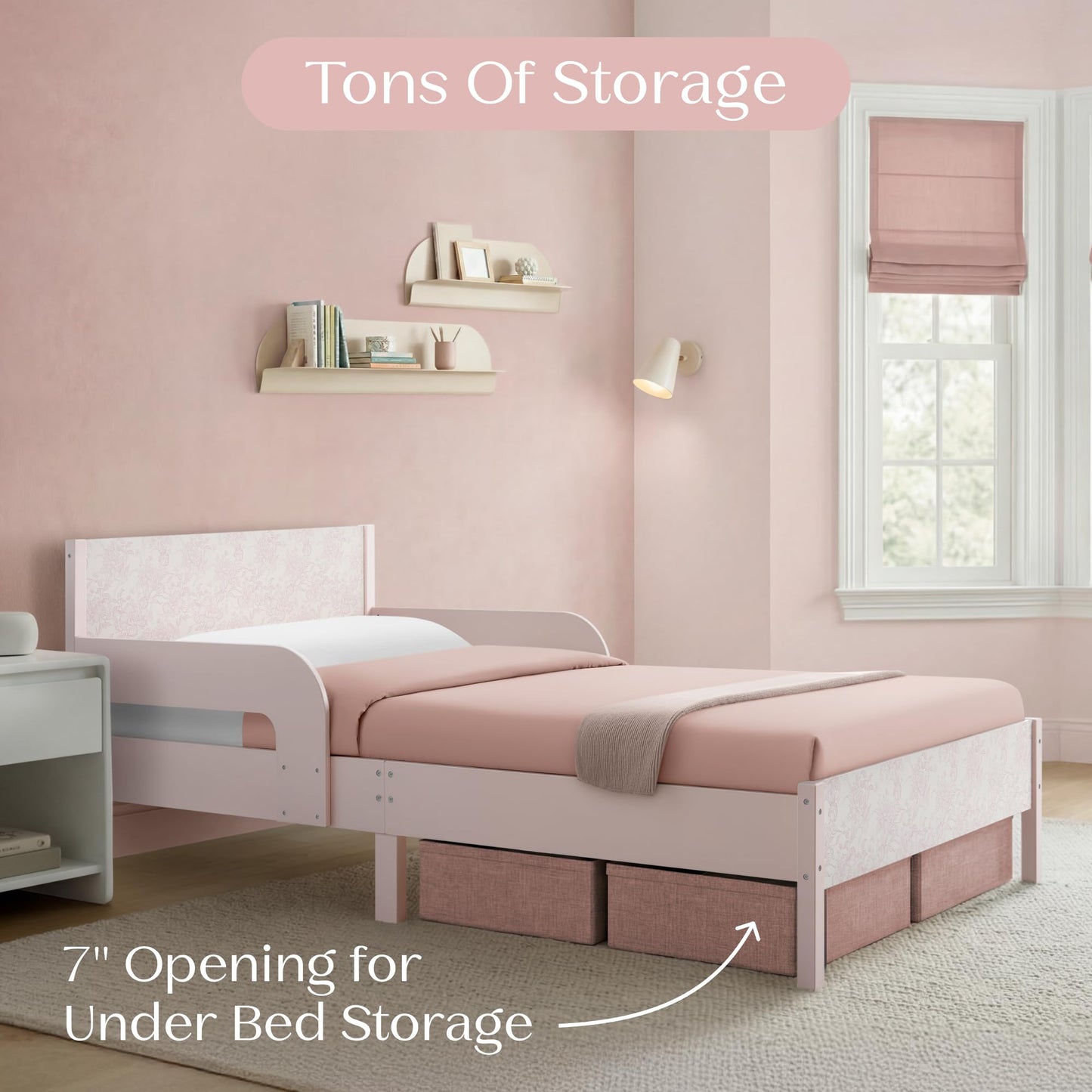 Delta Children Cora Wood Twin Bed with Removable Guardrails - Wood Twin Bed with Slats Supports for Girls & Boys Teens, No Box Spring Needed, Pink Floral Toile