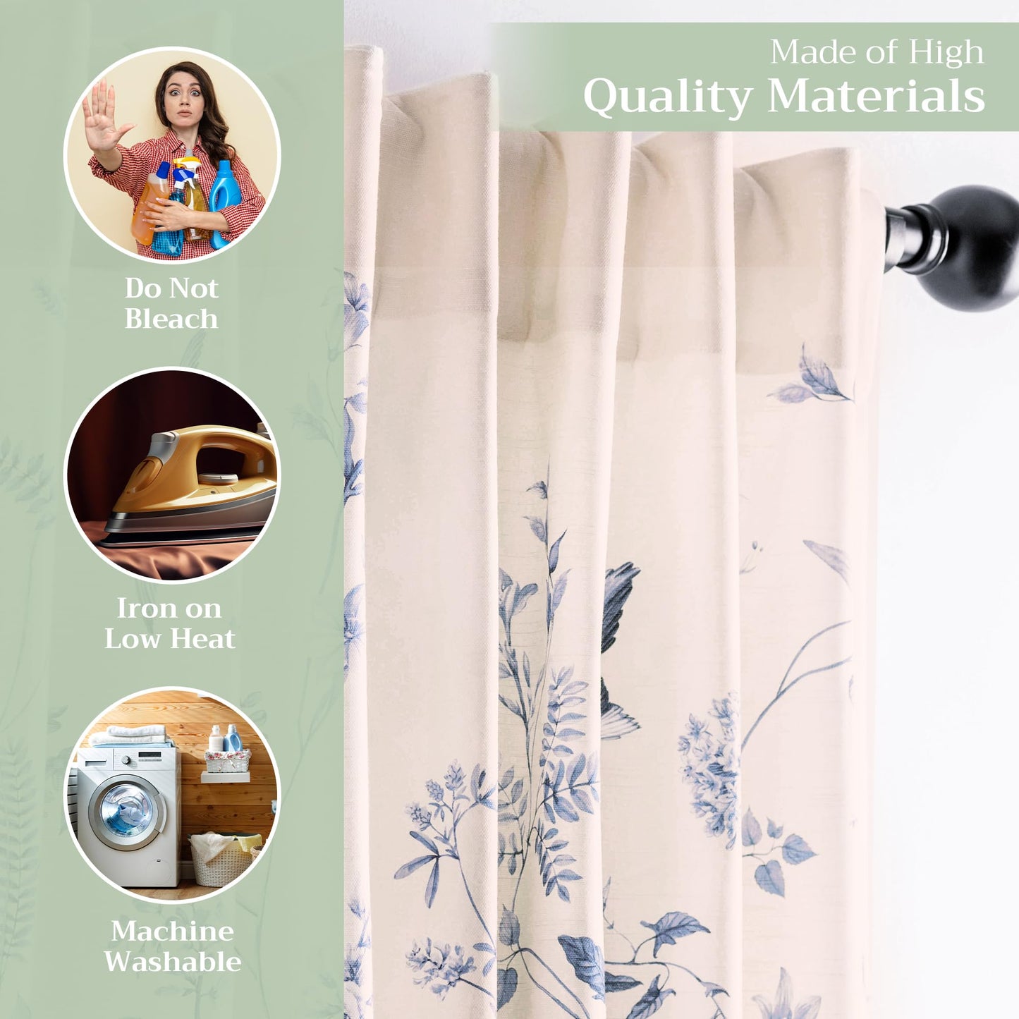 Maison d' Hermine Curtains for Living Room 100% Cotton 96 inch Length One Panel Light Filtering Curtains for Windows with Rod and Loop Pockets Spring Summer (Neo Ipomee - Beige, 50" W x 96" L)