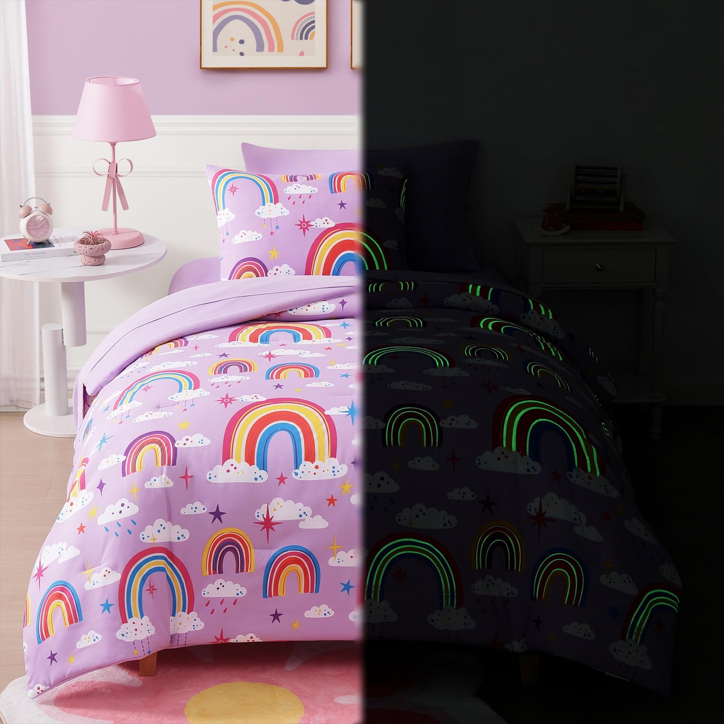 Kaleido Space Twin Kids Comforter Set - 5 Pieces Twin Bedding Sets for Girls Teen, Glow in The Dark Purple Rainbow Bed in A Bag with Sheets