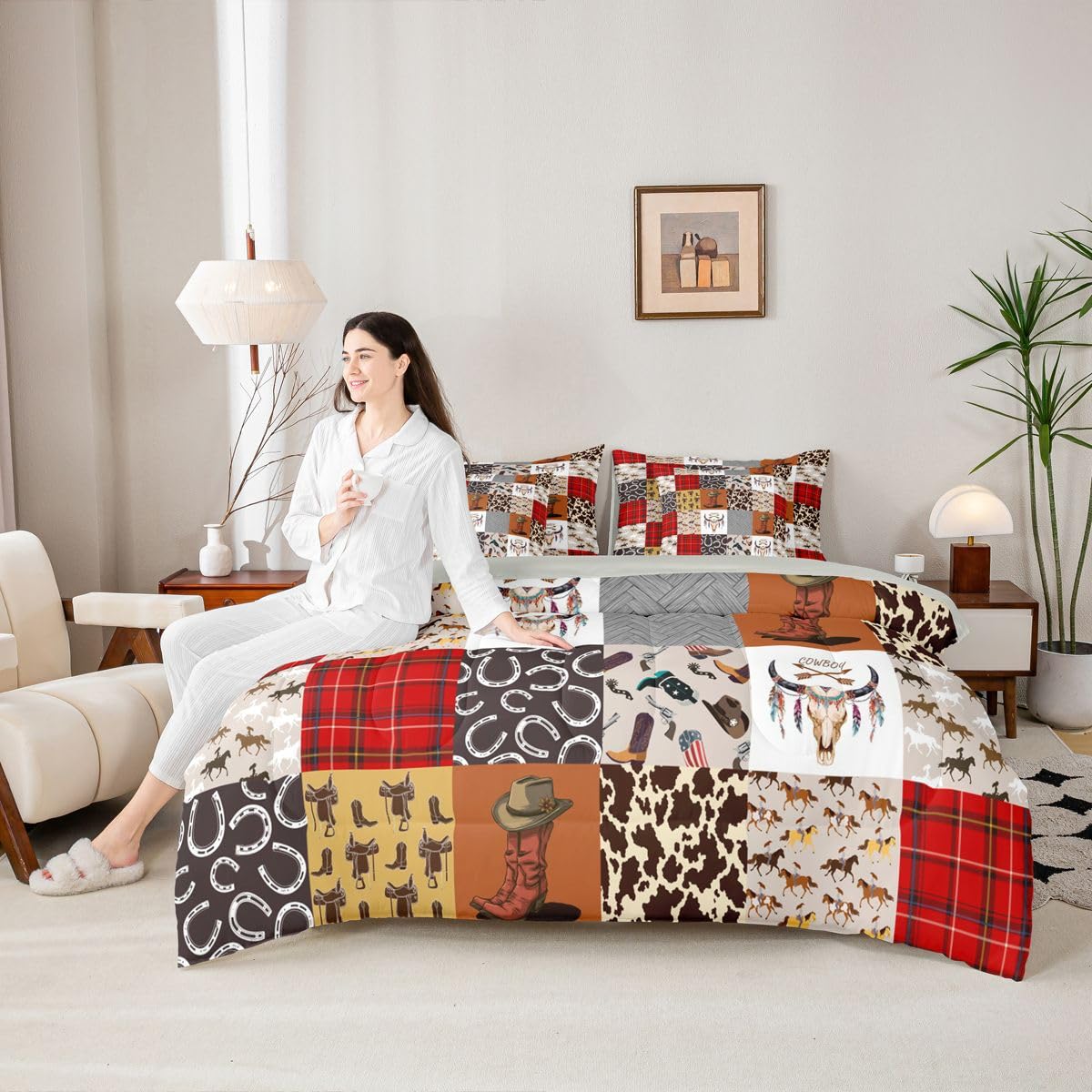 Country Western Comforter Set 7 Piece Bed in a Bag Twin | Cowboy Boots Hat Rustic Bedding Sets Horse Decor Cowboys Comforter and Sheet Set, Farmhouse Cowhide Longhorn Skull Bed Sets,Red Brown