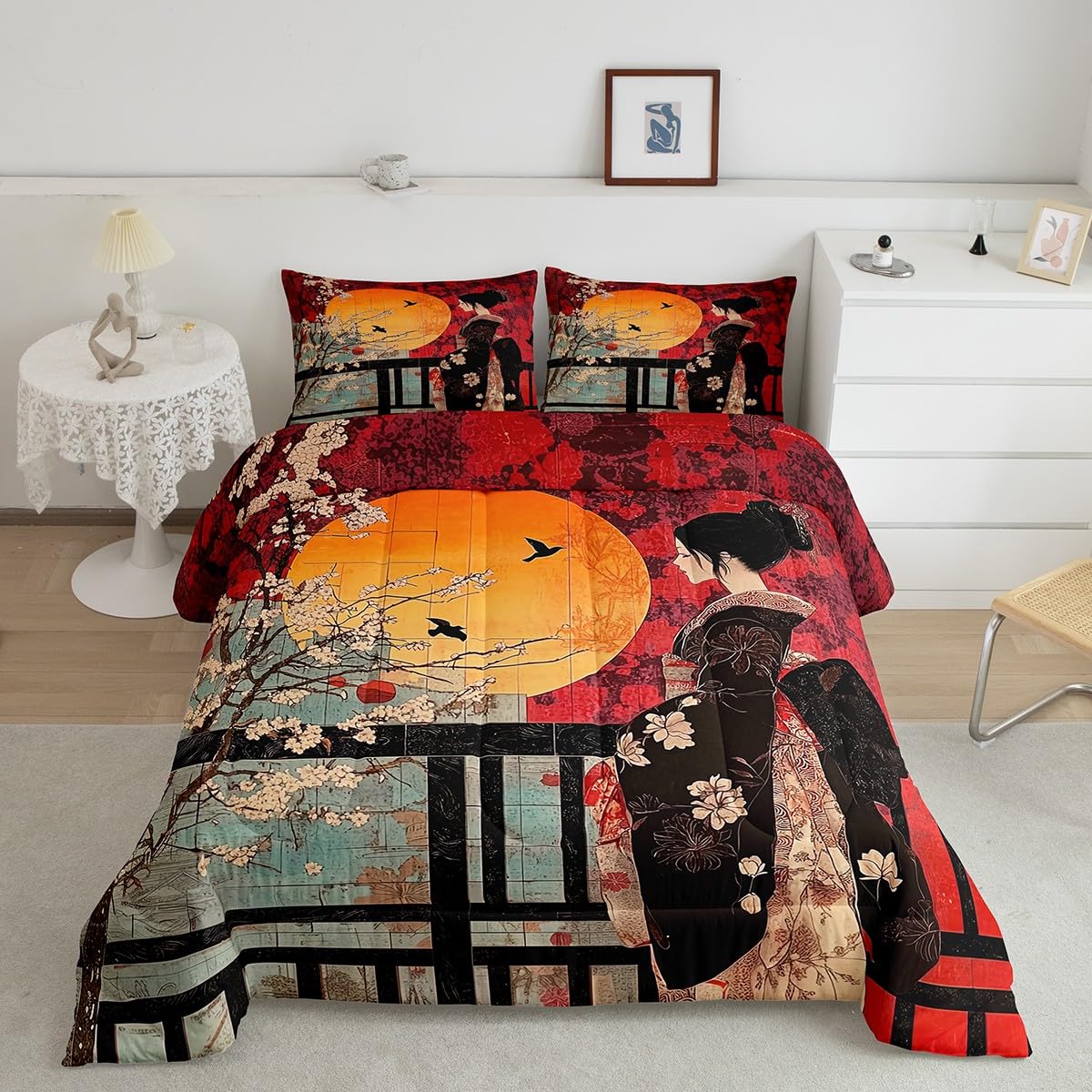 Erosebridal Japanese Style Comforter Set, Cherry Blossoms Down Comforter Queen Size for Kids Girls Women Bedroom Decor, Sakura Flower Bedding Set, Japan Ukiyo-E Quilt, Red, Lightweight