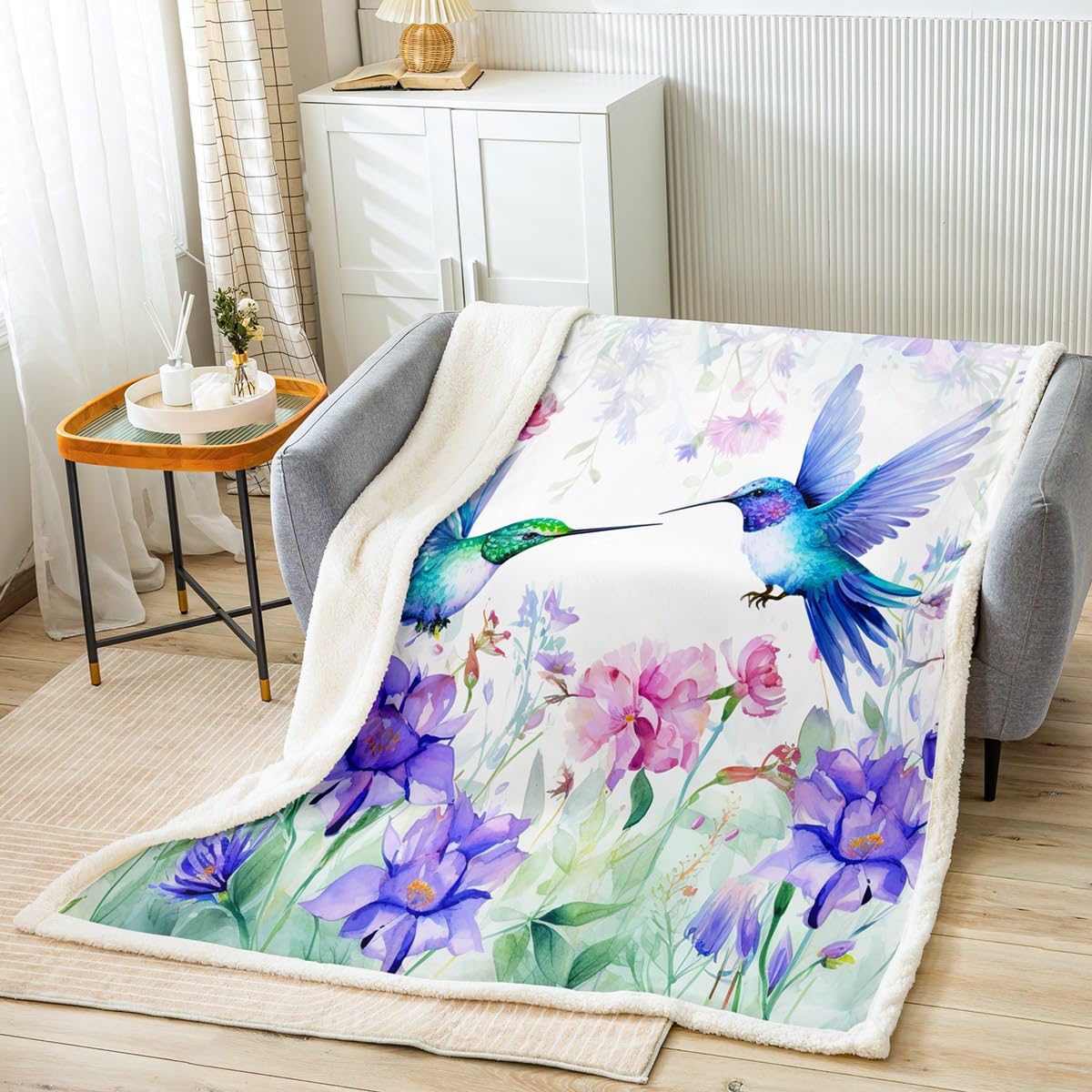 Hummingbird Girls Plush Blanket Throw Butterfly Flower Birds Fleece Bed Blanket Wild Animals Sherpa Blanket Floral Plants Fresh Nature Fuzzy Blanket For Women Bedroom Sofa Decor Throw 50"x60" Green
