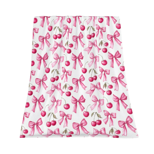 Pink Bow Cherry Flannel Throw Blanket Soft Cozy Blanket for Living Room Couch Sofa Bed 50 x 60 Inches