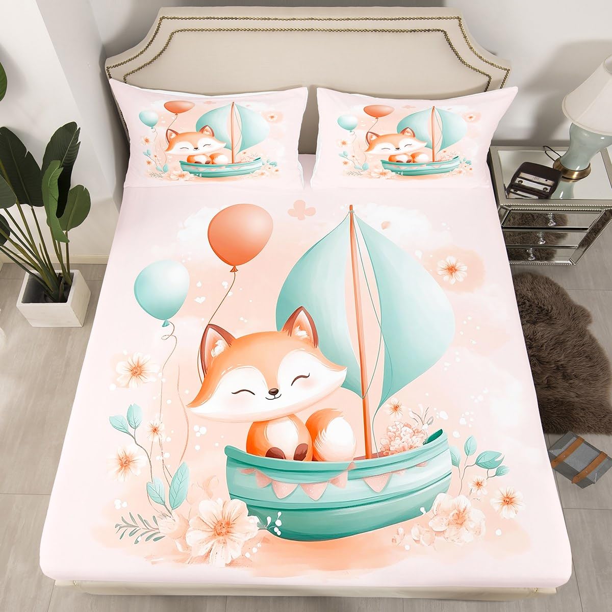 Feelyou Kids Cute Fox Fitted Sheet Full Size, Woodland Fox Bed Sheet Set Boys Girls Cartoon Animal Bedding Set Nature Wildlife Teens Bed Cover Bedroom Decor 3Pcs (No TOP Sheet)