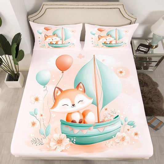 Feelyou Kids Cute Fox Fitted Sheet Full Size, Woodland Fox Bed Sheet Set Boys Girls Cartoon Animal Bedding Set Nature Wildlife Teens Bed Cover Bedroom Decor 3Pcs (No TOP Sheet)