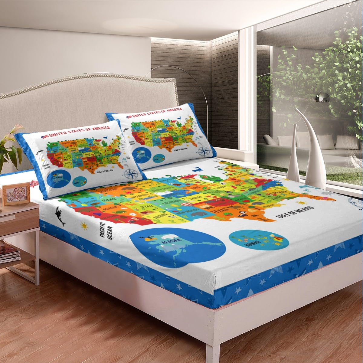 US Geography Bedding Set Twin Size, Geography USA Map Bed Sheet Set for Kids Boys Girls Teens Learning Educational Fitted Sheet Educational Map Bed Cover 2Pcs (No TOP Sheet)